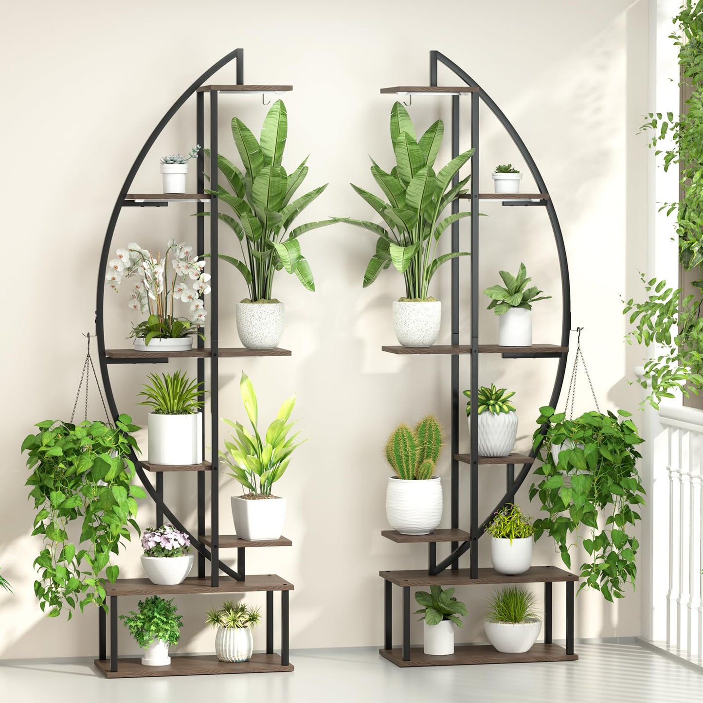 BLAZPATH Plant Stand Shelf Rack Indoor with 6 Built in Grow Light, 7 Tier 65" Tall Pair Large Half Moon Lighted Plant Stand with Hanging Hook, 2 Black Circle Sturdy Tiered Herb Shelving with Lighting
