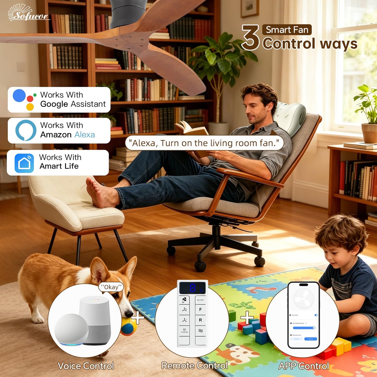 Sofucor 52" Smart Ceiling Fan No Light, Solid Wood Low Profile Ceiling Fan with Remote, Flush Mount Ceiling Fan Works with Alexa/Google/App 6-Speed Timing Reversible DC Motor for Living Room Bedroom