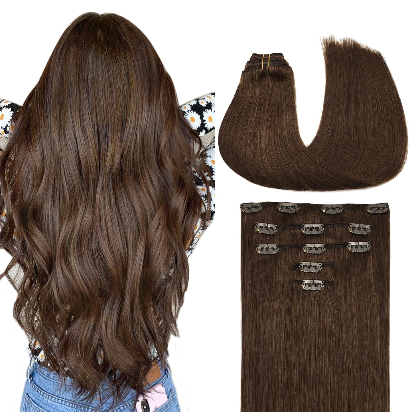 MAXITA Human Hair Clip in Extensions, Chocolate Brown 16 Inch 5pcs 75g, Remy Clip in Hair Extensions Real Human Hair Extensions