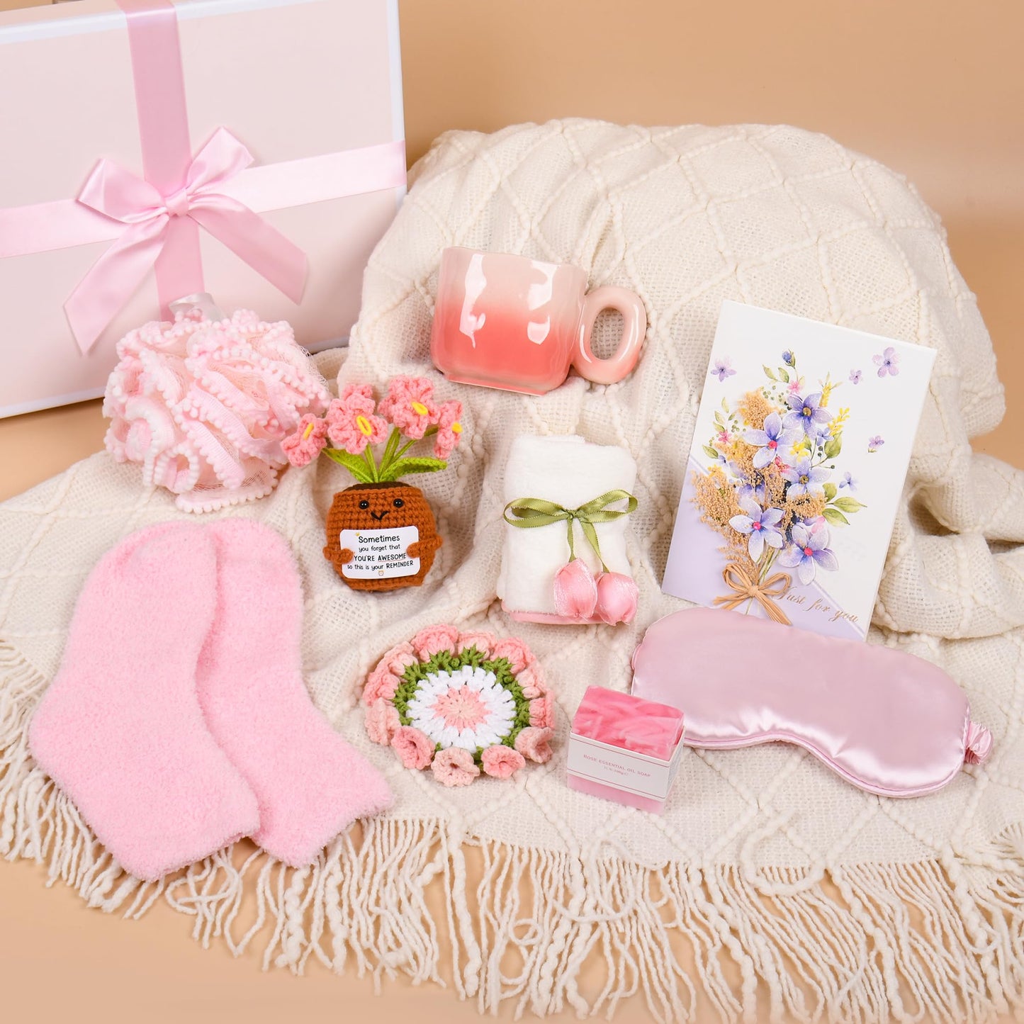 Birthday Gifts for Women, Knitted Tassel Throw Blanket Pink Gift Basket with Handmade Crocheted Potted Plants and Flower Coasters, Inspirational for Mom Her Wife Friend Grandma