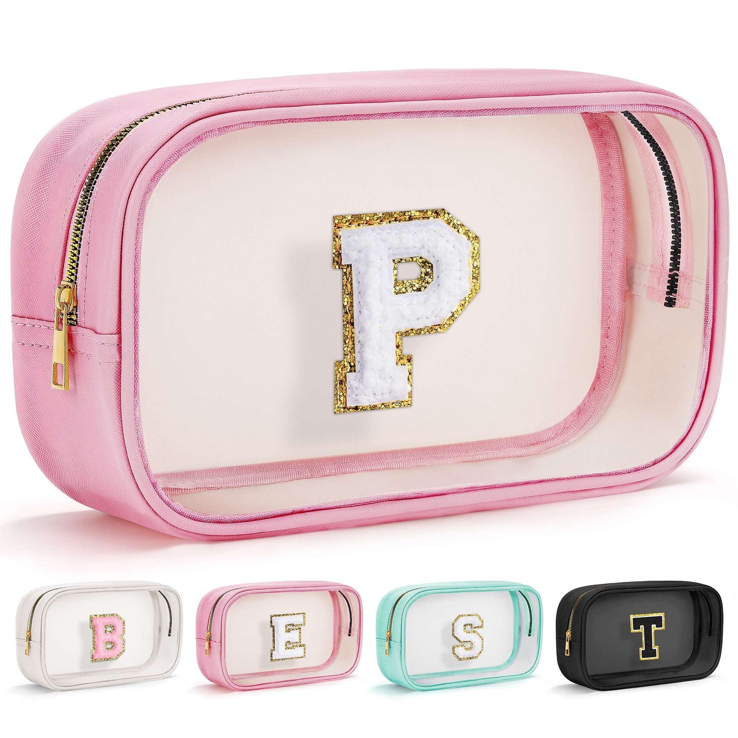 YOOLIFE Travel Toiletry Bag for Women, Pink Clear Makeup Bag Cute Make Up Bag for Women Cosmetic Bags Skin Care Makeup Bag Organizer Birthday Gifts for Women Teacher Mother Girlfriend Initial P