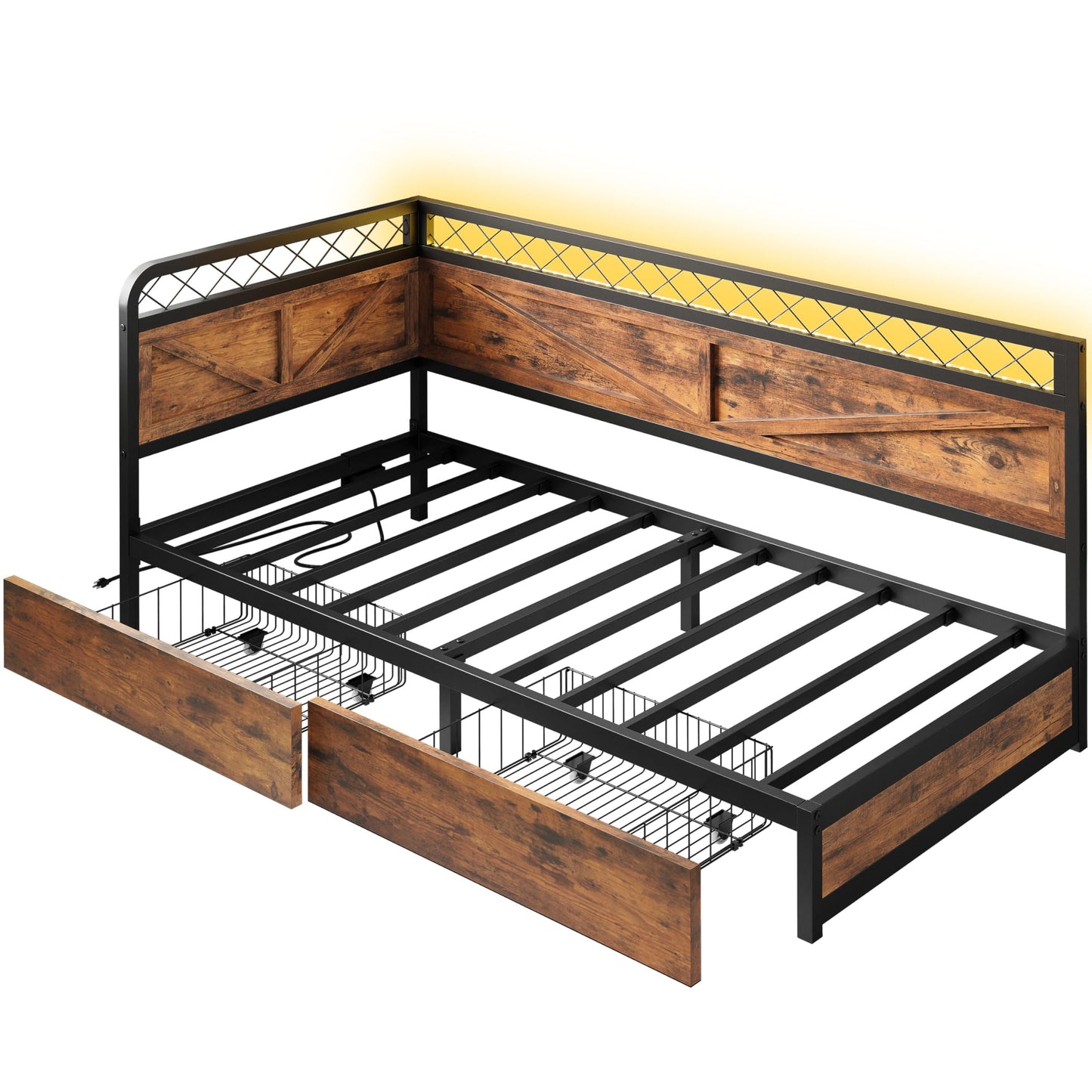ANCTOR Twin Daybed with Storage Drawers, Corner Bed Frame with LED Lights and Charging Station for Living Room, Bedroom and Guest Room, Industrial Brown