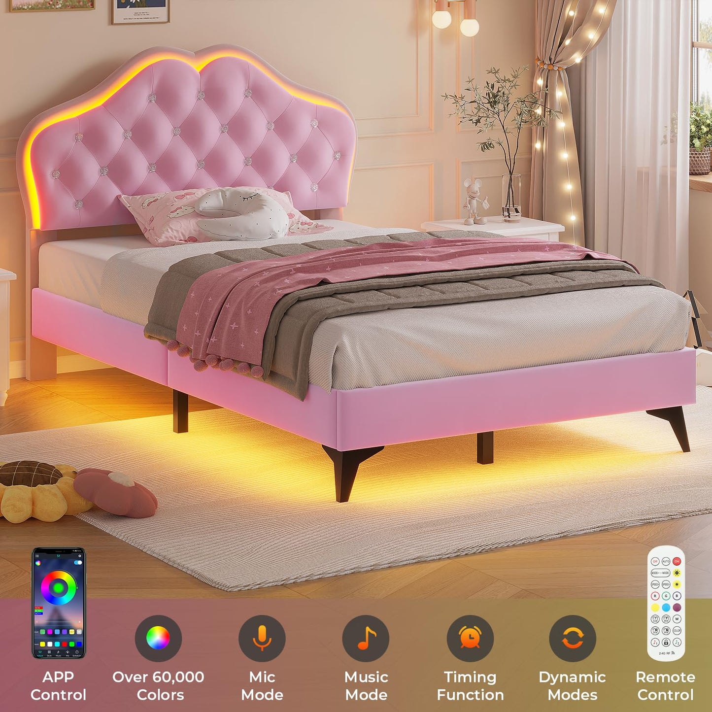 ADORNEVE Twin Size Upholstered LED Bed Frame, Girls Bed with Adjustable Crystal Button Headboard, Velvet Princess Platform Bed for Girls, Solid Wooden Slats, Easy Assembly, Pink