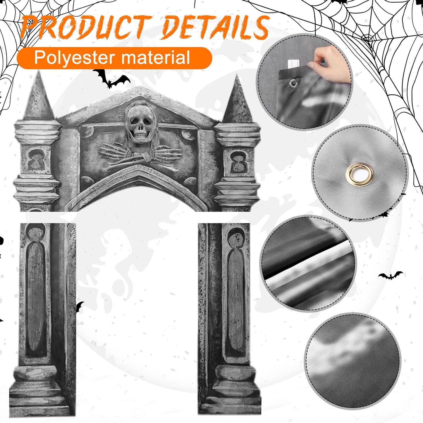 Fanfanwin 3 Pcs Halloween Archway Cemetery Graveyard Decorations Haunted Gothic Mansion Door Cover 3D Halloween Banners Decor Skull with Tombstone Sign Spooky Pillar Sign for Outdoor Party Supplies