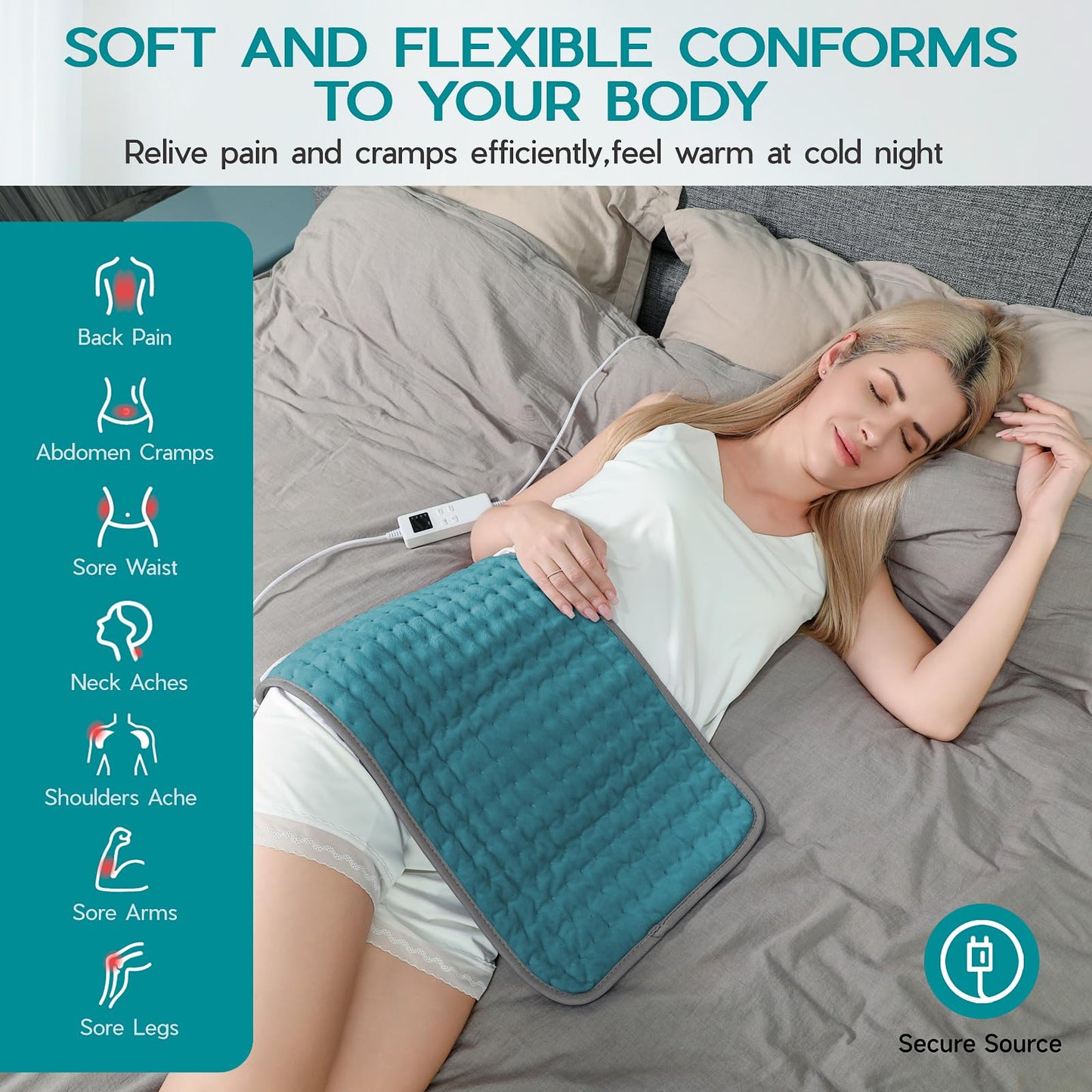 Heating Pad for Period Cramps, Heating Pad for Back/Neck/Shoulder Muscle Pain, 6 Heating & 4 Timer Setting, Auto Shut Off, Moist Heat & Machine Washable, Birthday Christmas Gifts for Women Mom, Cyan