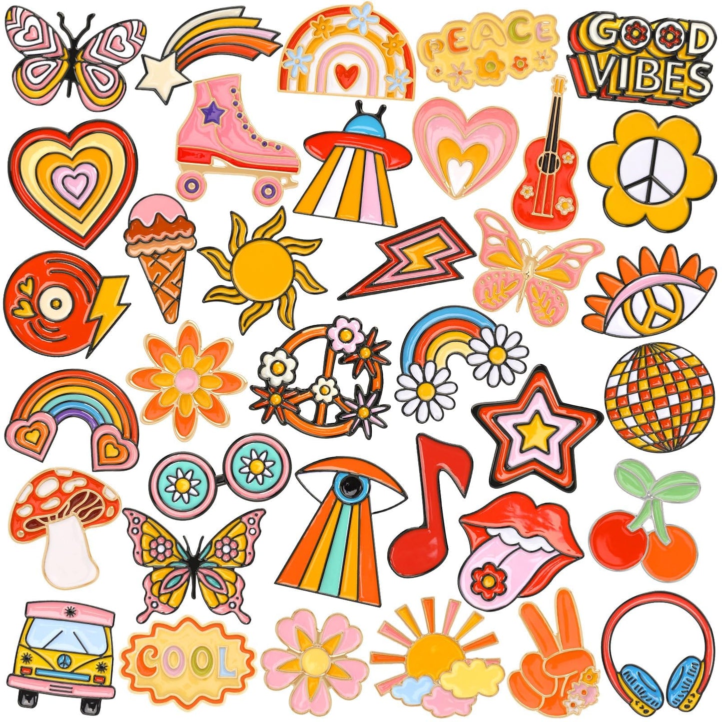 DTOFOOT 36PCS Hippie Enamel Pins Bulk Preppy Lapel Badges for Women Girls DIY Brooch Pins for Hippie Costume Party Favors Access