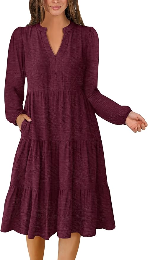 ANRABESS Womens Fall Midi Dresses Long Sleeve V Neck Swing Tiered Work Business Casual 2026 Flowy Beach Vacation Dress