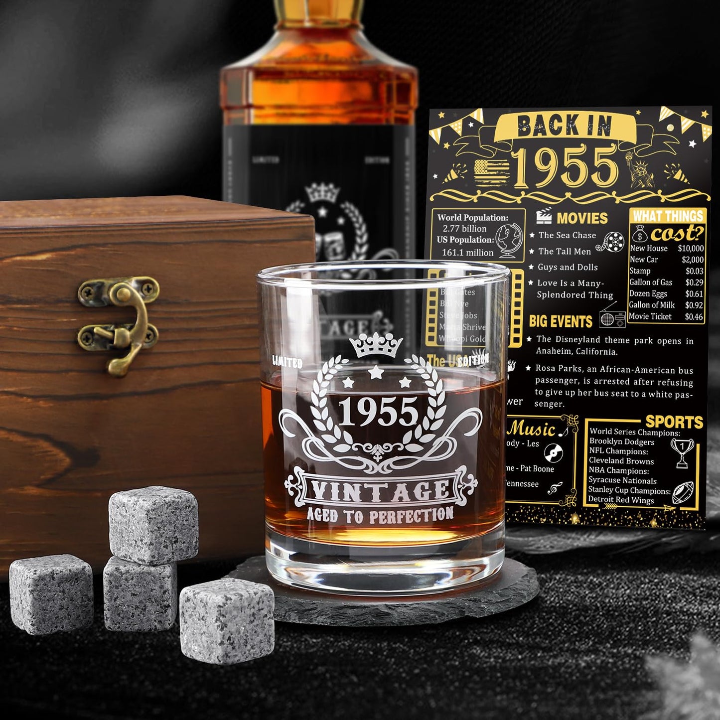 YeohJoy 70th Birthday Gifts for Men,Vintage 1955 Whiskey Glass Set,Wood Box & Whiskey Stones & 1955 Poster Anniversary Card & Coaster,Birthday Gifts Ideas for Him,Husband,Dad