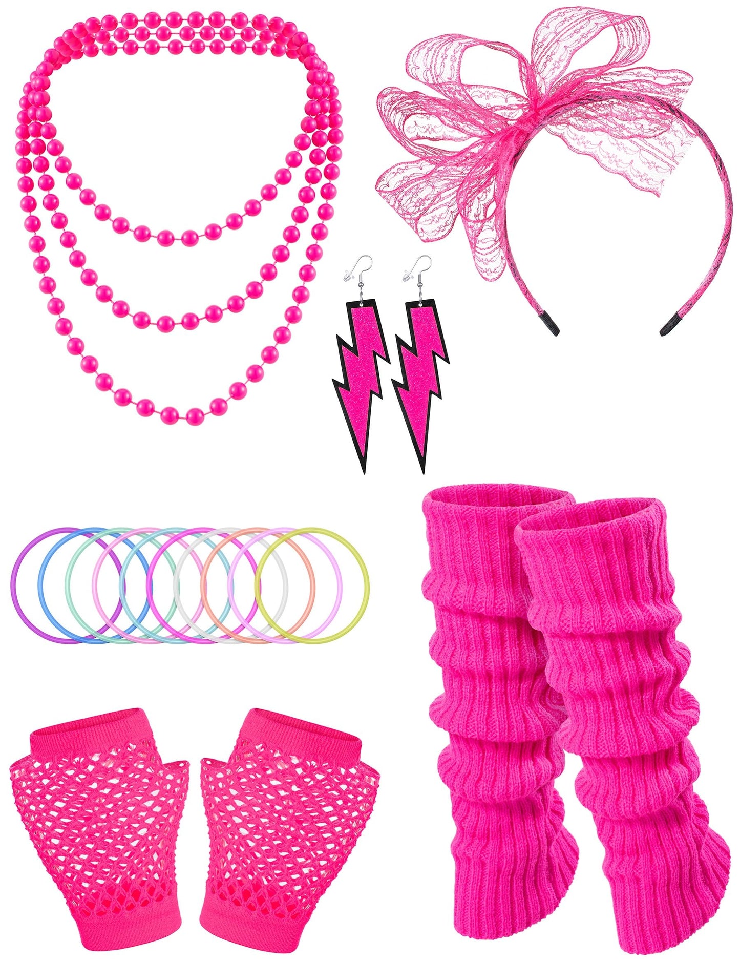 Yuriko 80s Outfit Party Costumes Fishnet Neon Off Shoulder T-Shirt Two Pieces With Fancy Dress Costume Accessories(Pink 2XL)