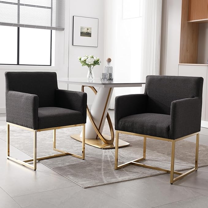 BESTANO Upholstered Dining Chairs with Armrest Set of 4 Mid Century Modern Accent Chairs Armchairs with Gold Metal Frame, Modern Kitchen & Dining Room Chairs, Charcoal