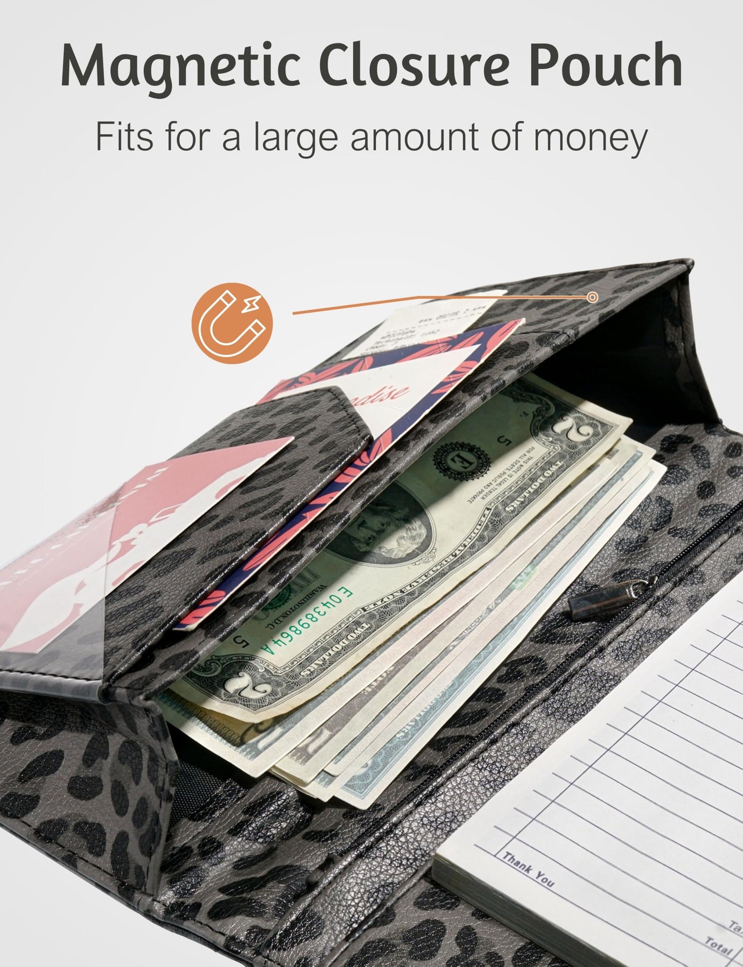 Server Book for Waitress Book with Zipper Pocket and Magnetic Closure, 5"×9" Grey Leopard Cute Server Wallet with Money Pocket, Restaurant Waitstaff Organizer Fit Server Apron