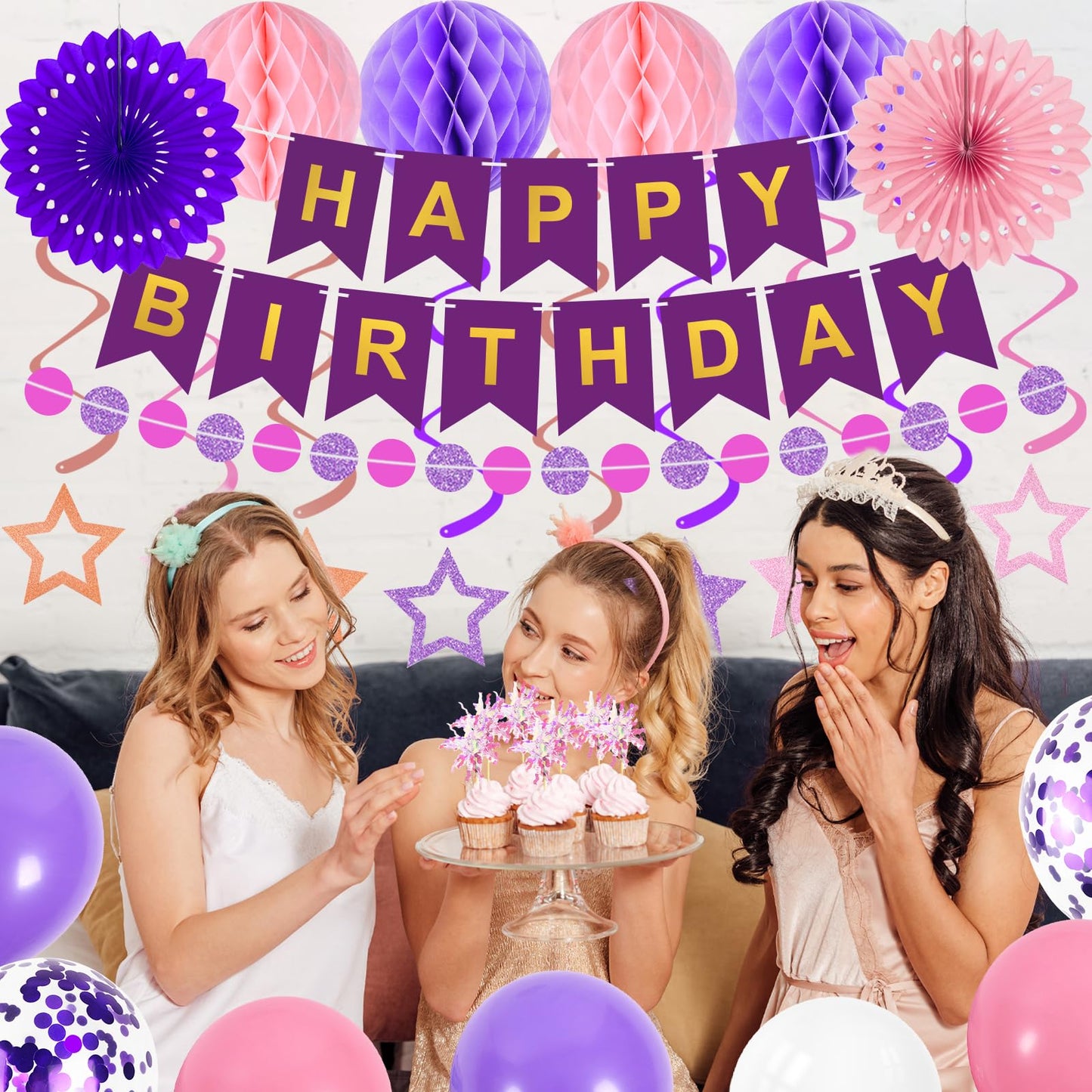 Purple Birthday Decorations Happy Birthday Banner Pink and Purple Balloons Stars Circle Garland Hanging Swirl Streamers Hanging Honeycomb Balls 69PCS Party Decorations for Women Men