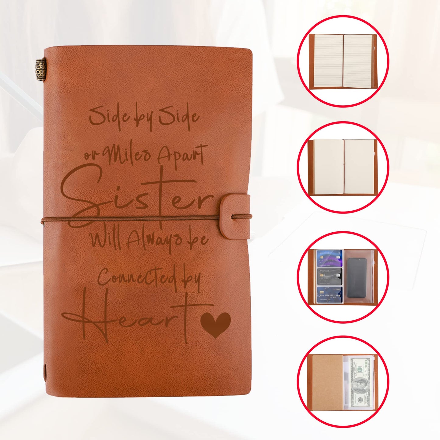 Friendship Gifts for Best Friend Sisters Gift from Sister Leather Journal Gift for Sister - Side by Side or Miles Apart Friendship Gift for Women Friends Birthday Wedding Gift from Brother Sister