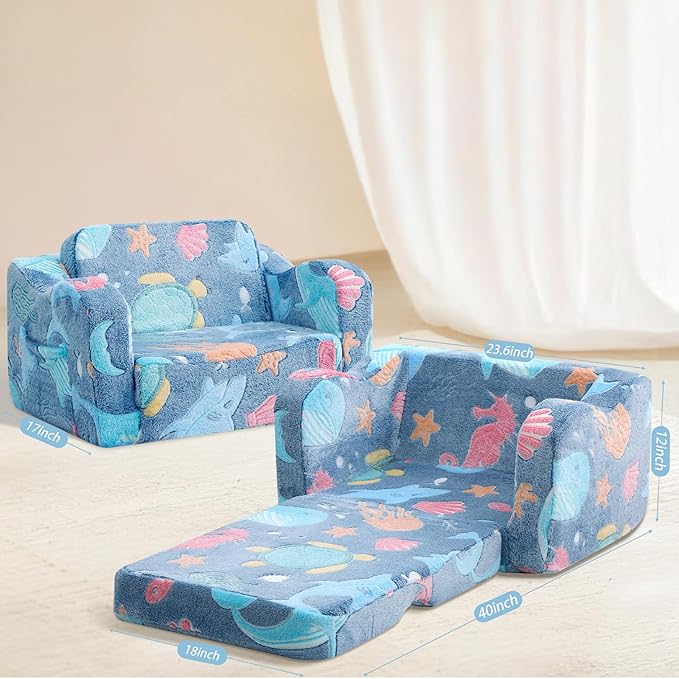 MeMoreCool Folding Toddler Chair, Glow-in-The-Dark Soft Plush Kids Fold-Out Couch Sofa, Comfy Baby Recliner for Girls and Boys (Denim Mermaid)