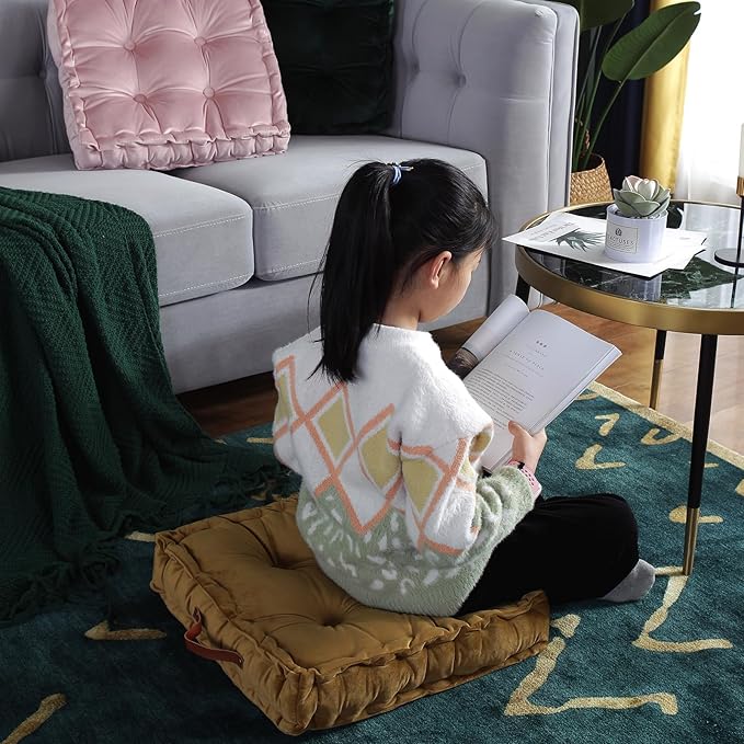 vctops Square Solid Color Velvet Seat Cushion with Handle Tufted Thicken Chair Pad Tatami Floor Pillow Cushion 16.5"x16.5"x4" Mustard Yellow