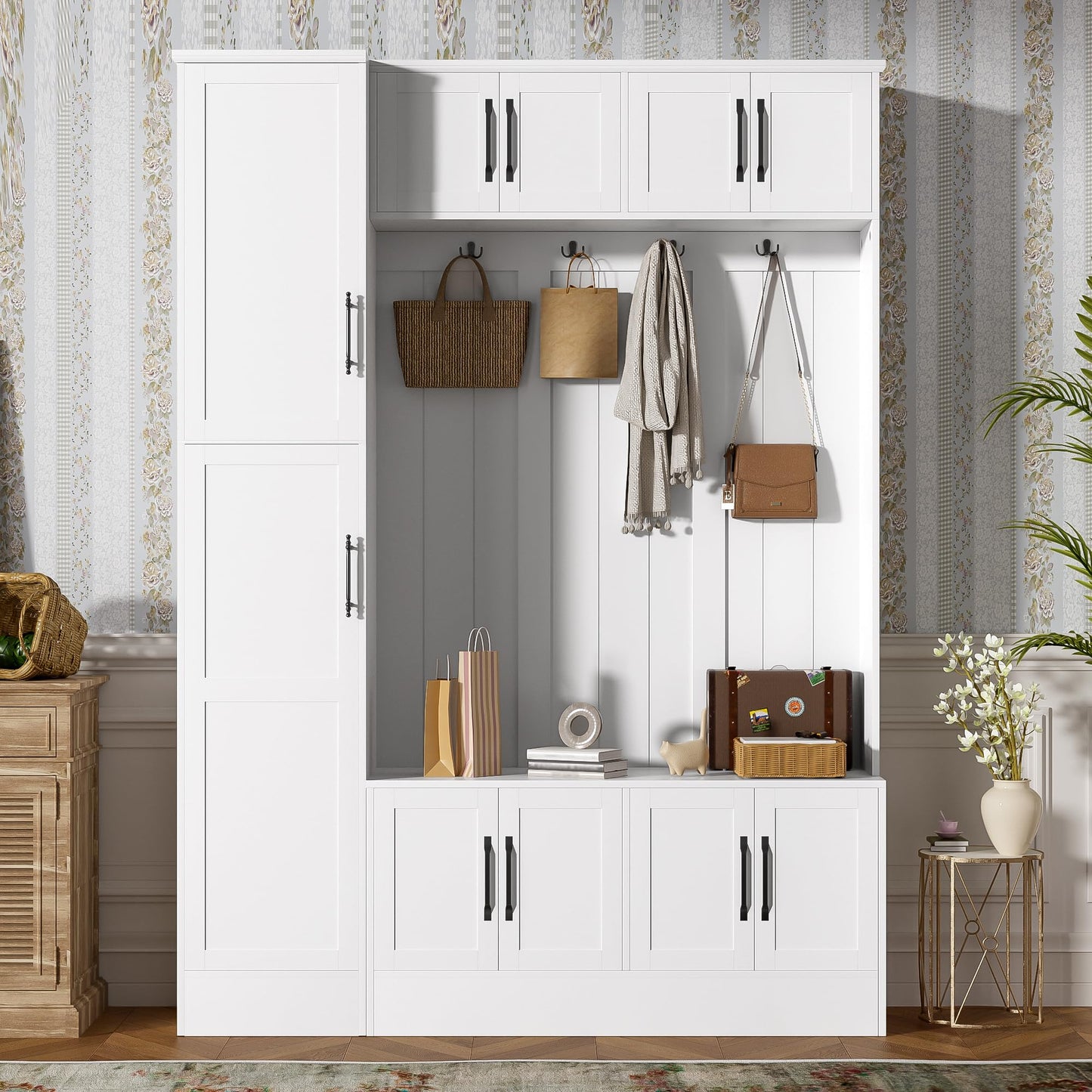 Amposei 79’’ Tall Hall Tree with Storage Bench & Coat Rack Modern Entryway Organizer Cabinet with Doors, Hooks & Adjustable Shelf for Hallway Living Room Furniture, White
