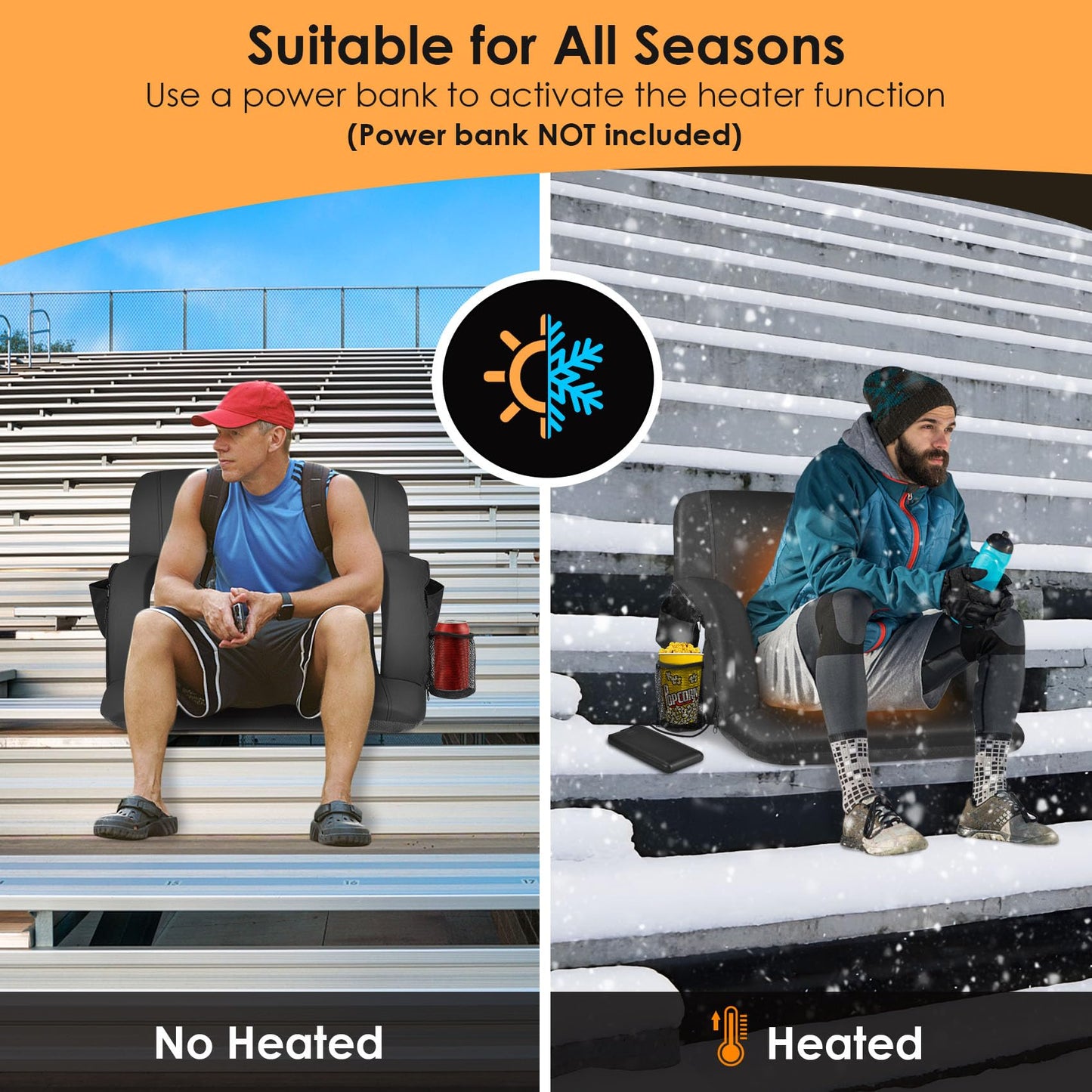 HOPERAN Heated Stadium Seats for Bleachers with Back Support Wide Cushion, Extra Portable Bleacher Seat Foldable Stadium Chair, USB 3 Levels of Heat, Pockets for Outdoor Indoor Sports 23" Black 2pcs