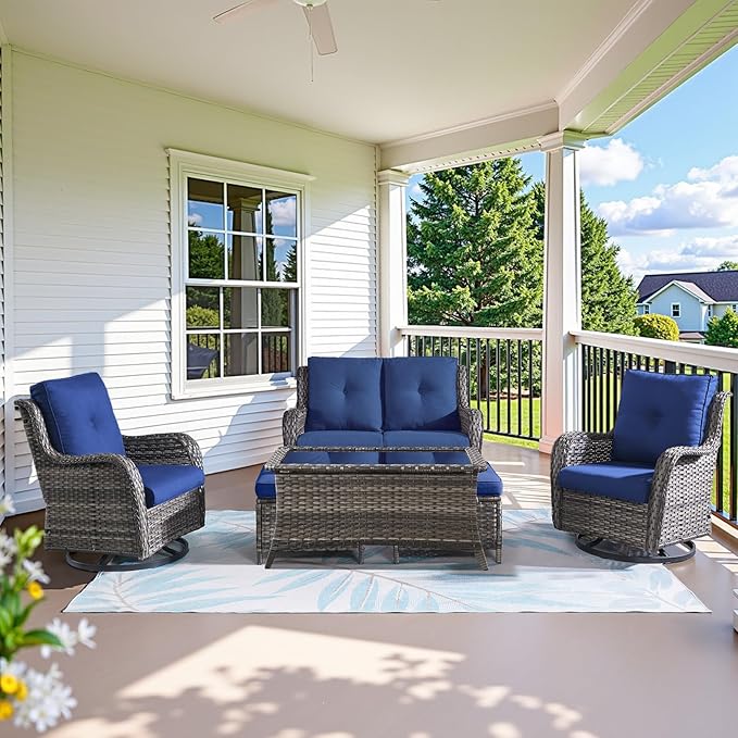Belord Wicker Outdoor Furniture Patio Furniture Set - 6 Piece Patio Conversation Set with Swivel Rocker Chairs, Loveseat Sofa, Ottomans and Coffee Table, Blue Cushion