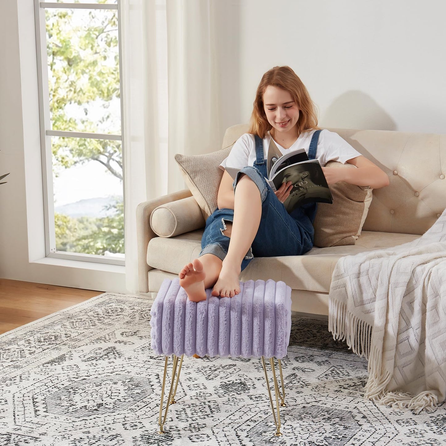 EBENCHICO Vanity Stool Chair,Foot Stools Ottoman,Faux Fur Step Stools,Vanity Stool for Makeup,Make up Chairs for Vanity,Vanity Small Bench Seat Storage