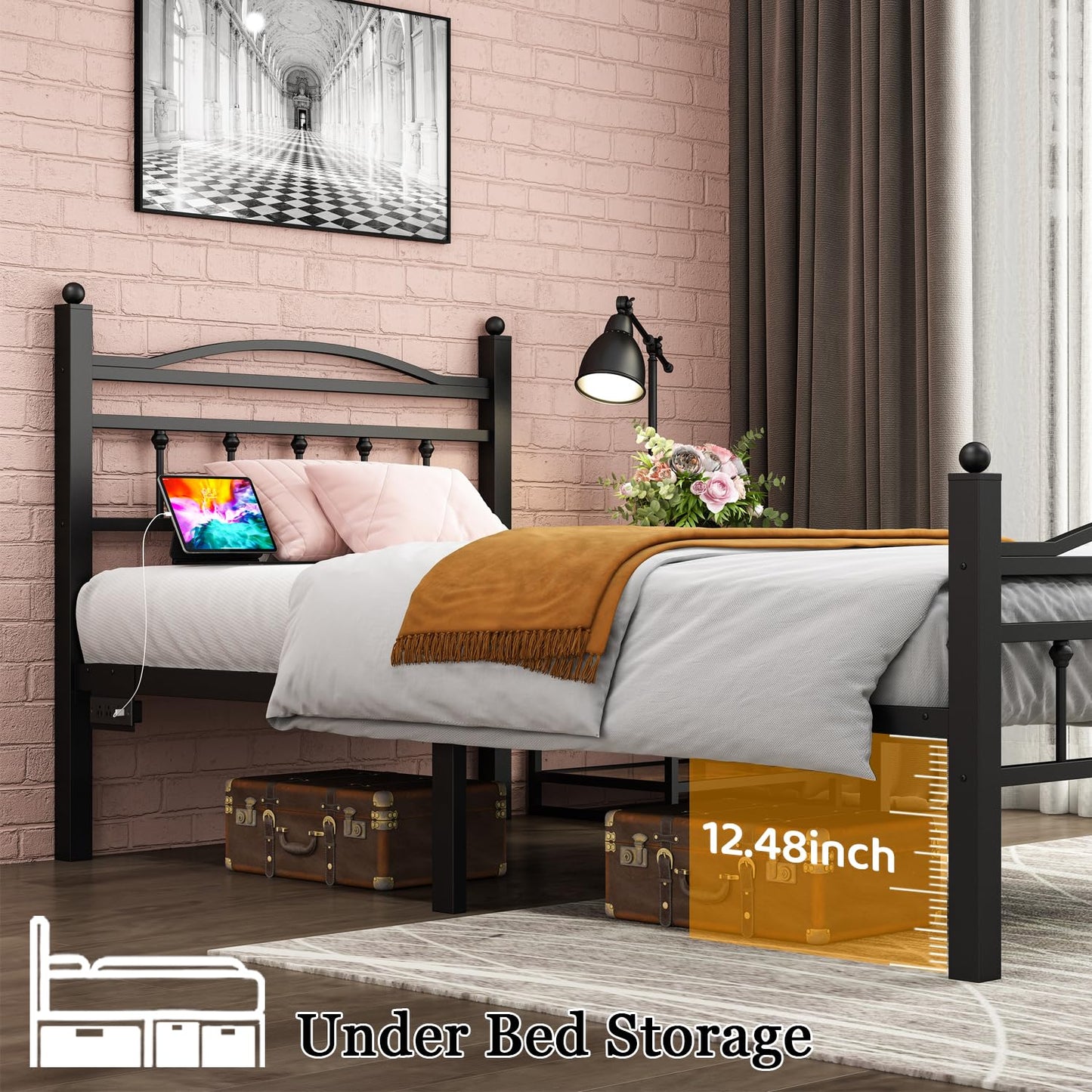 Jenmit Twin Bed Frames with Headboard, LED Bed Frame with Charging Station, Metal Platform, Under-Bed Storage, No Box Spring Needed, Noise Free, Easy Assembly, Black
