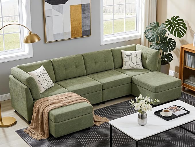 VANOMi 4 Seater Cloud Couches for Living Room with 2 Ottomans, 118" Modular Sectional Sofas & Couches, Comfy Chenille Cloud Sectional Couch Sofa for Apartment, Office, Green, U Shaped