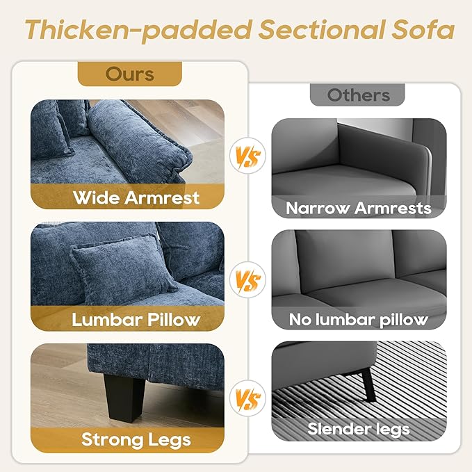 URRED Cloud Couch Modular Sectional Sofa, 116" Modern L Shaped Deep Seat Sofa with Pillows, Ultra Comfy Chenille Corner Couches for Living Room, Bedroom or Apartment, Blue