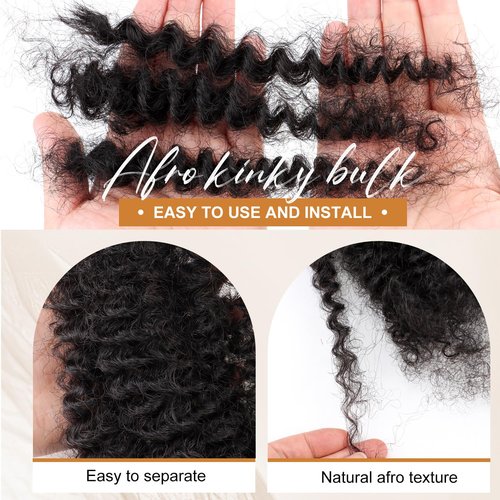 Afro Kinky Bulk Human Hair 14 Inch 30g/Pack 3 Packs for Dreadlock Extensions, Braiding, Twist – Kinky Curly Bulk Human Hair for Loc Repair, Natural Afro Texture Hair for Black Women & Men