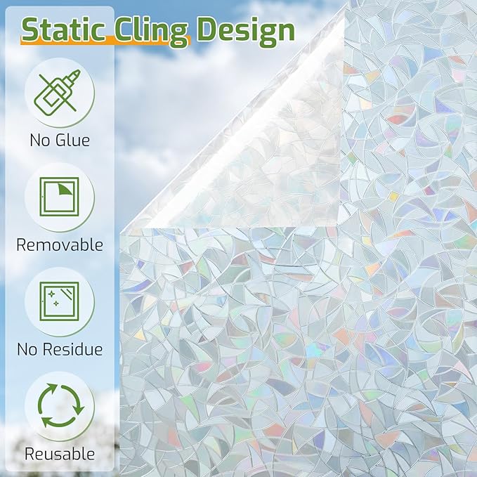 LUTE Window Privacy Film, Rainbow Window Flim, 3D Decorative Stained Glass Cling, Non-Adhesive Vinyl Static Cling UV Blocking Heat Control One Way Glass Covering for Home, Silver, 35.4 x 118.1 inches