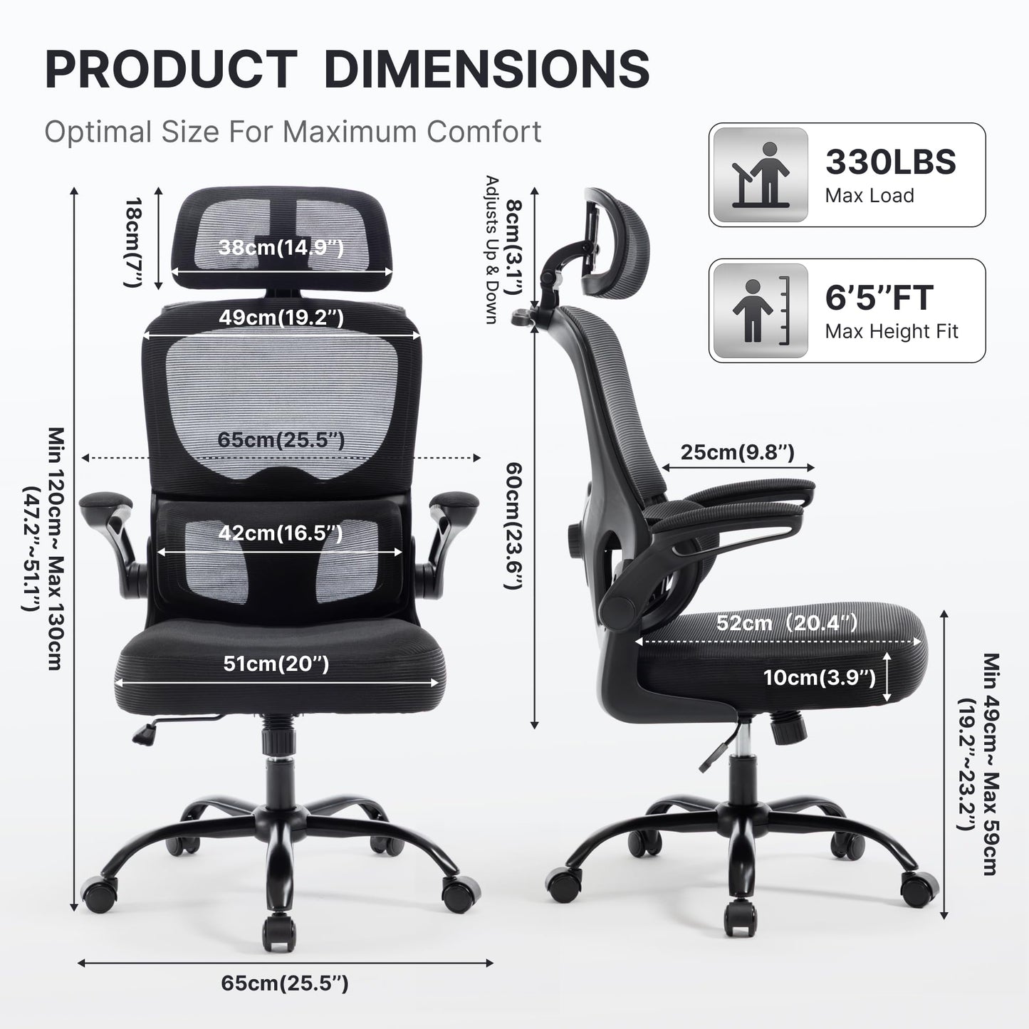 Yulincke 330Lbs Ergonomic Office Chair with 3D Headrest, Home Office Desk Chairs with Adjustable Lumbar Support,Flip-up Armrests, Thickened Cushion – Breathable Mesh Design for Long-time Sitting