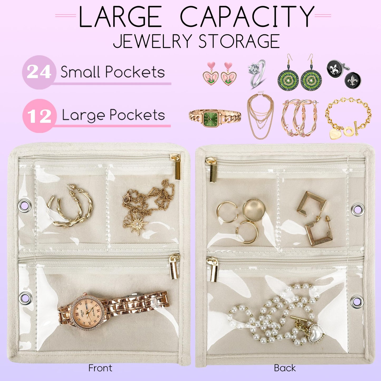 LingLingo Travel Jewelry Organizer Case,Small Jewelry Bags Jewelry Storage Book Binder with Clear Zipper Velvet Pouch for Traveling,Earrings, Rings, Necklace, Bracelet (Pink)