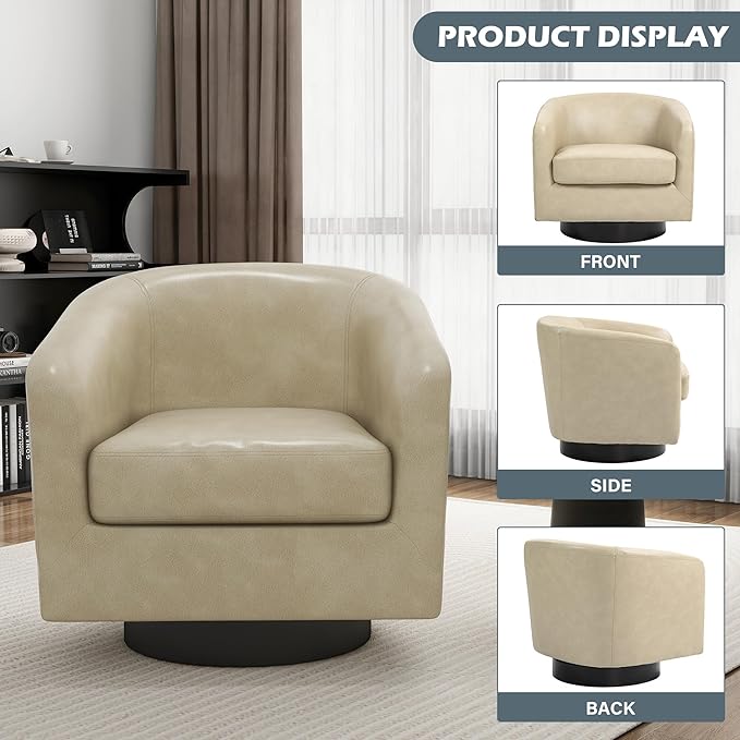 UIXE Swivel Barrel Accent Chairs Set of 2, Faux Leather Club Chair Upholstered Armchair for Living Room, Modern Arm Chair Small Single Sofa Bedroom Side Reading Seat - Cream