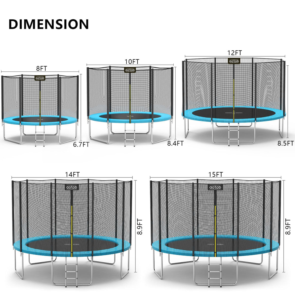 AOTOB 8 FT Trampoline Safety Enclosure Net Combo Bounce Jump for Kids Outdoor with Spring Pad Waterproof Jump Mat & Ladder (Azure)
