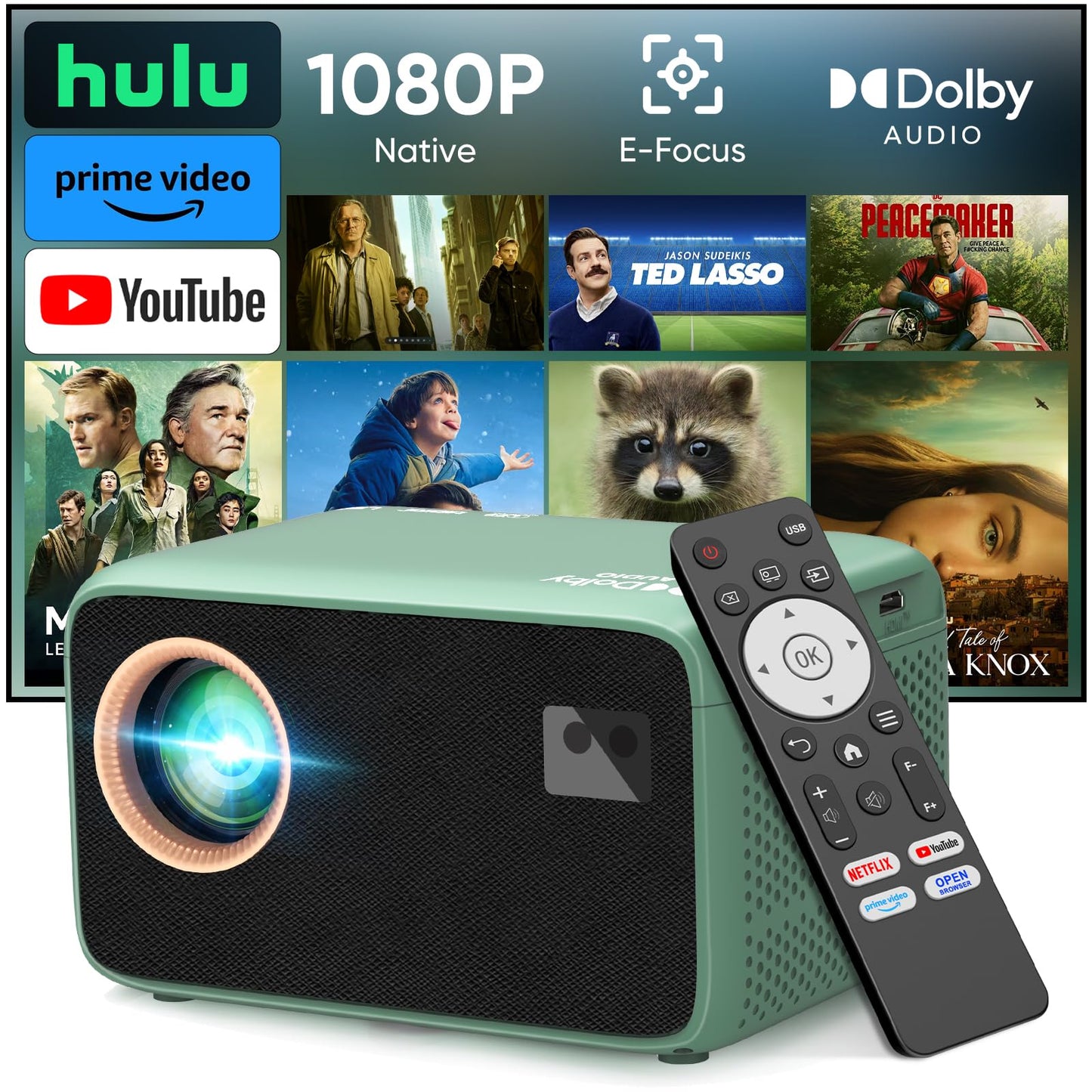 TMY 4K Projector with WiFi Bluetooth, Compatible with Netflix/Prime Video/YouTube, Outdoor Portable Home Theater Movie Projector, Smart Projector for Indoor Outdoor Movies, Gaming and Camping (Green)