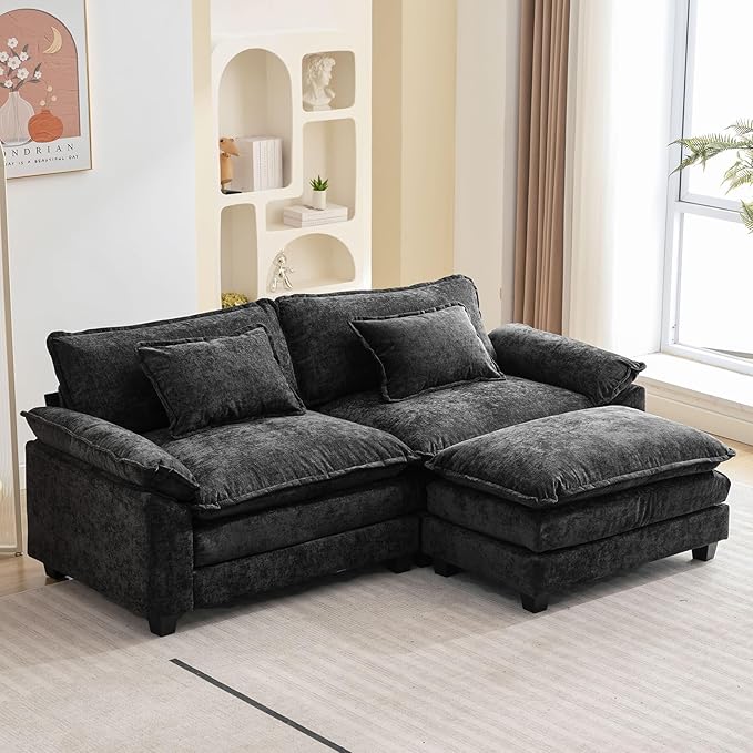 Oprisen 86" Modular Sectional Sofa, Comfy Cloud Couch Sectional Sofa with Ottoman, Chenille Sofa Sleeper Deep Seat Sofa with Throw Pillows for Living Room (Black, 86"- L Shape)