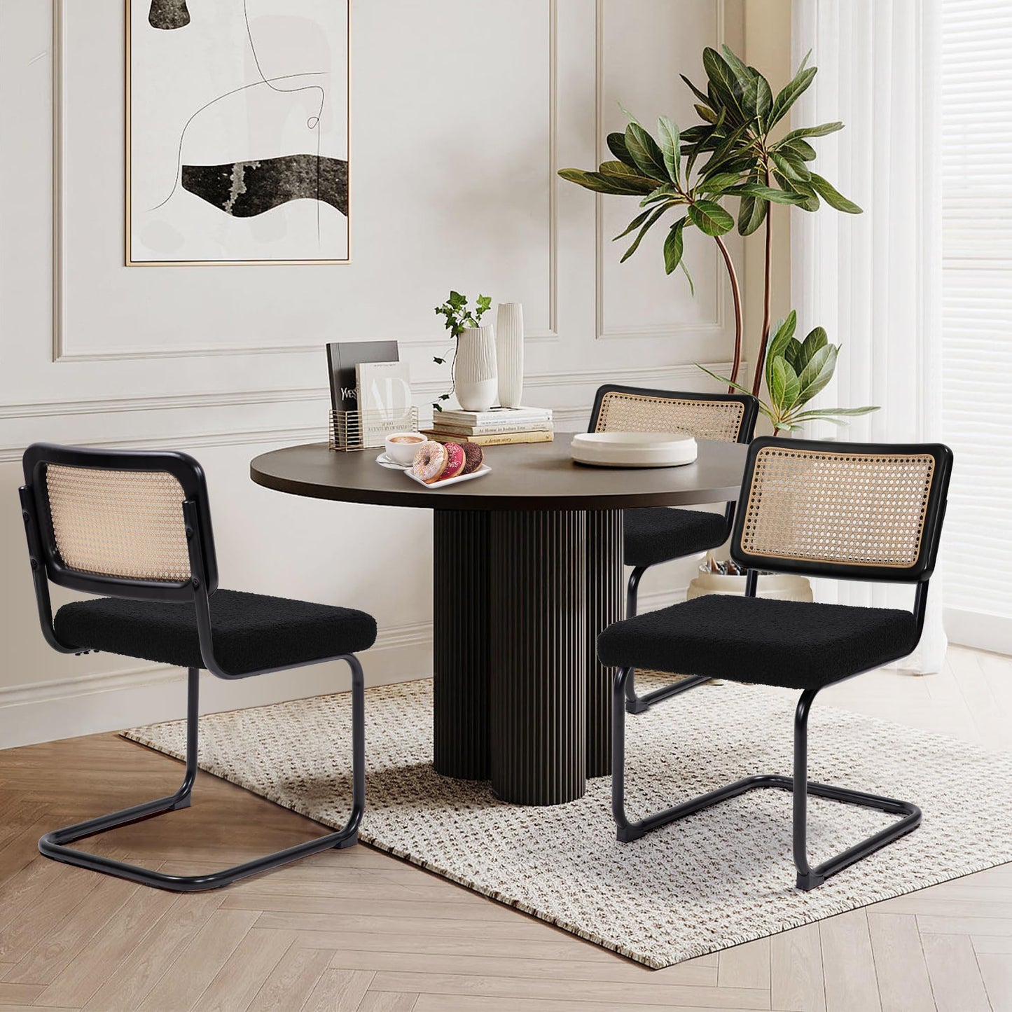 KROFEM Modern Cesca Cane Dining Chairs, Set of 4, Handwoven Rattan Cane Back, Chrome Base, Upholstered Boucle Seat, Ideal for Kitchen or Dining Room, Black