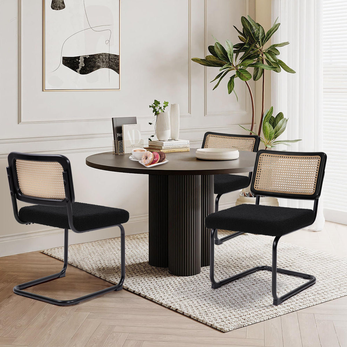 KROFEM Modern Cesca Cane Dining Chairs, Set of 2, Handwoven Rattan Cane Back, Chrome Base, Upholstered Boucle Seat, Ideal for Kitchen or Dining Room, Black