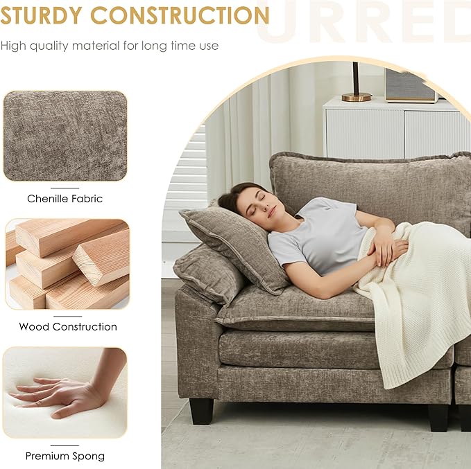 URRED Cloud Couch Modular Sectional Sofa, 157" Modern U Shaped Deep Seat Sofa with 2 Ottomans & Pillows, Ultra Comfy Chenille Couches for Living Room, Bedroom or Apartment, Khaki