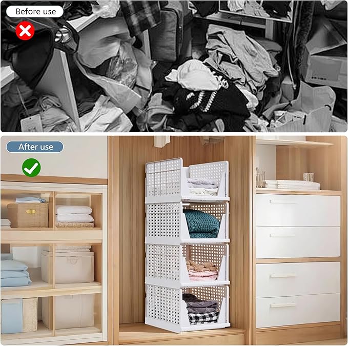 VECELO 4 Pack Plastic Closet Shelf Organizer, Stackable Sweater Storage Closet Drawers, Foldable Wardrobe Organizer, Easy Assembly, Durable and Space Saving for Closet, Bathroom, Kitchen, Gray