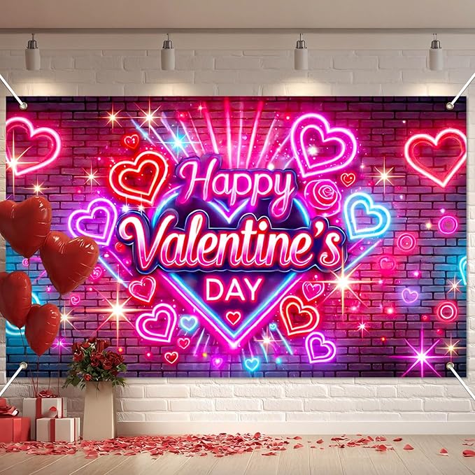 BlissYard Valentine’s Day Neon Banner Happy Valentine Backdrop Love Heart Light Effect Background for Valentine Party Deco...