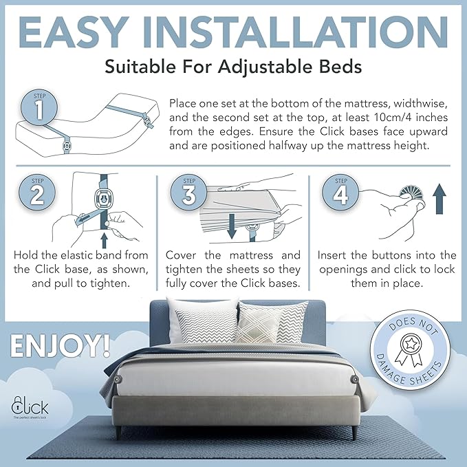 Click Sheet Holders for Adjustable Bed 4 Bedsheet Gripper Clips 2 Mattress Straps to Hold Sheets in Place, Heavy Duty Bed Sheet Fasteners for Twin, Queen & Split King, No-Slip Memory Foam Bed Lock