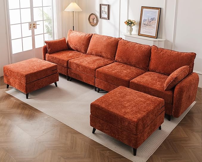Rexulqo 135'' Modular Sectional Sofa with All Seats Storage, Oversized U Shaped Couch for Living Room,4-Seater Comfy Cloud Couch with Movable Ottoman,Big Sectional for Bedroom,Velet,Orange