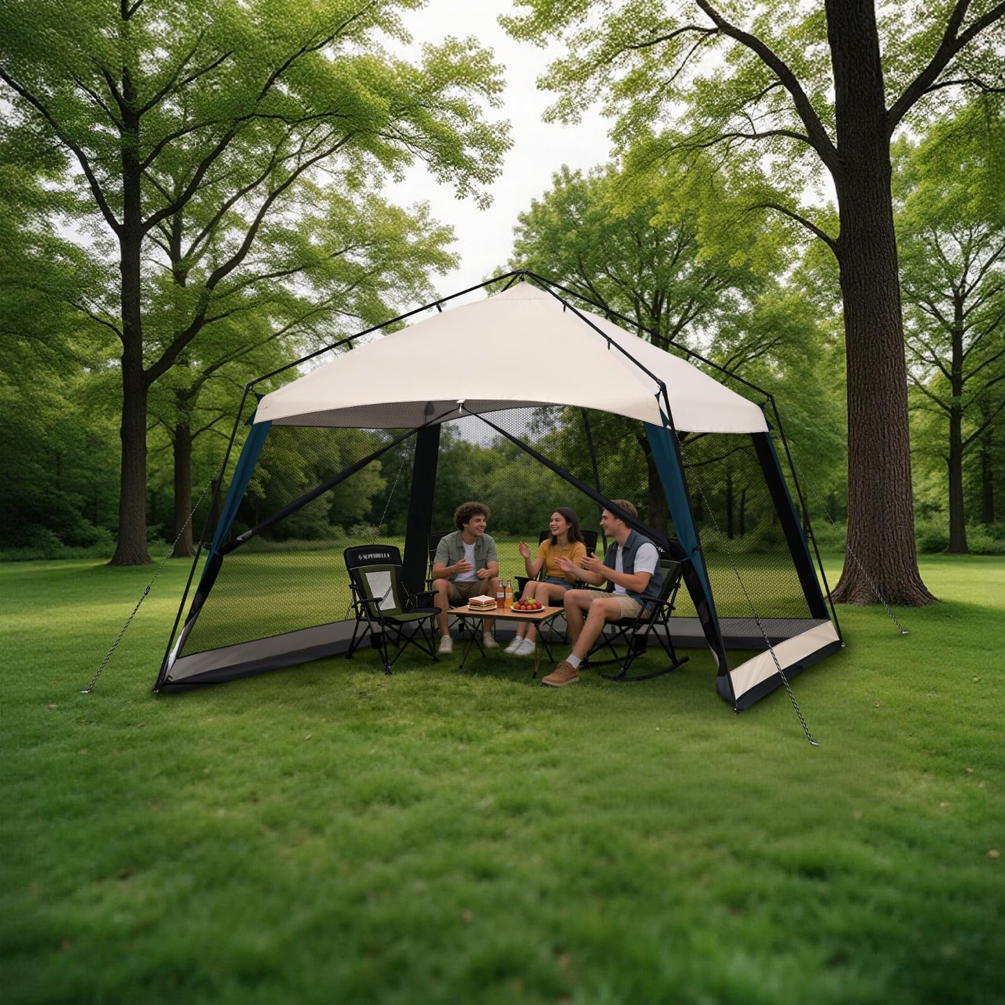 Superrella 12 x 12 FT Camping Screen Tent for 8-10 Person, Easy Setup Screen House with UV 50+ Sun Protection & Mosquito Net for Camping, Backyard, Picnic, Patio, Outdoor, Beige & Navy