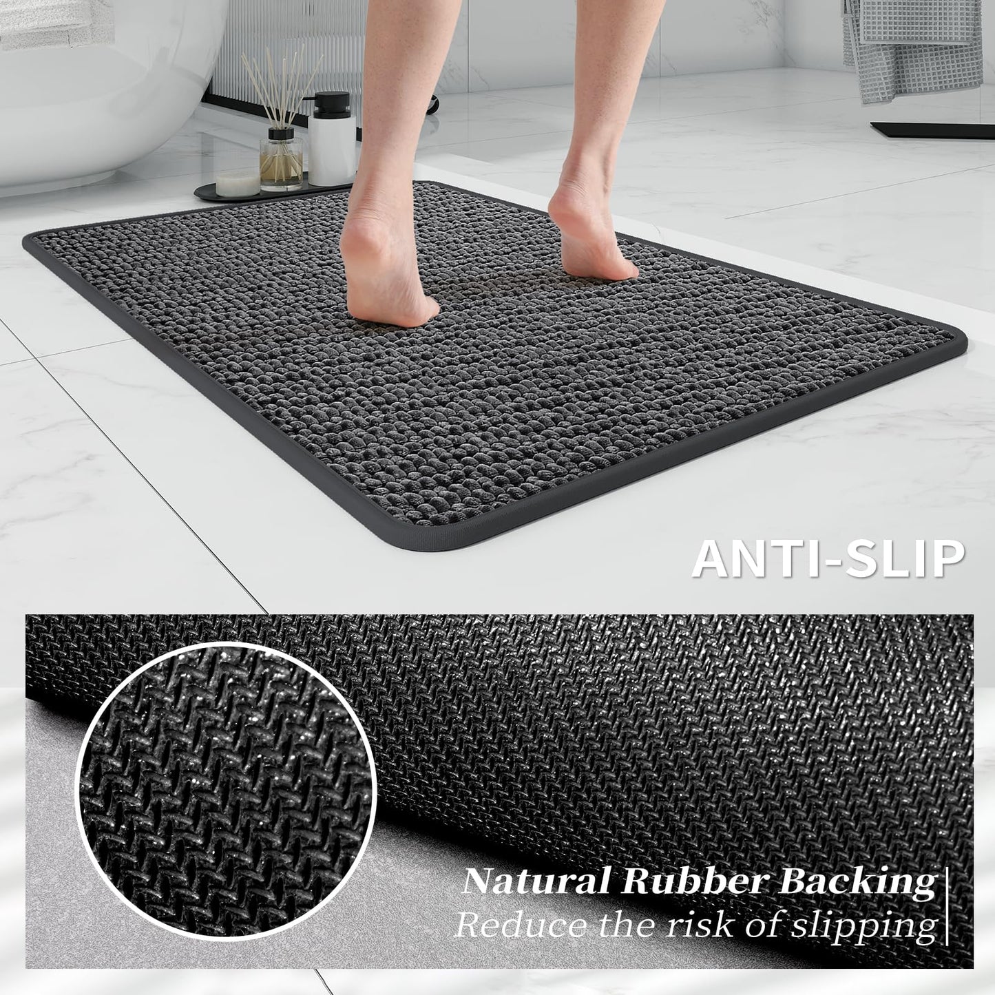 Bathroom Rugs Non Slip Washable, Rubber Bath Mats for Bathroom,Quick Dry,Super Absorbent Ultra Thin Small Bath Mat Low Pile Bath Floor Mat Fit Under Door,Shower,Sink, Dark Grey, 17"x24"