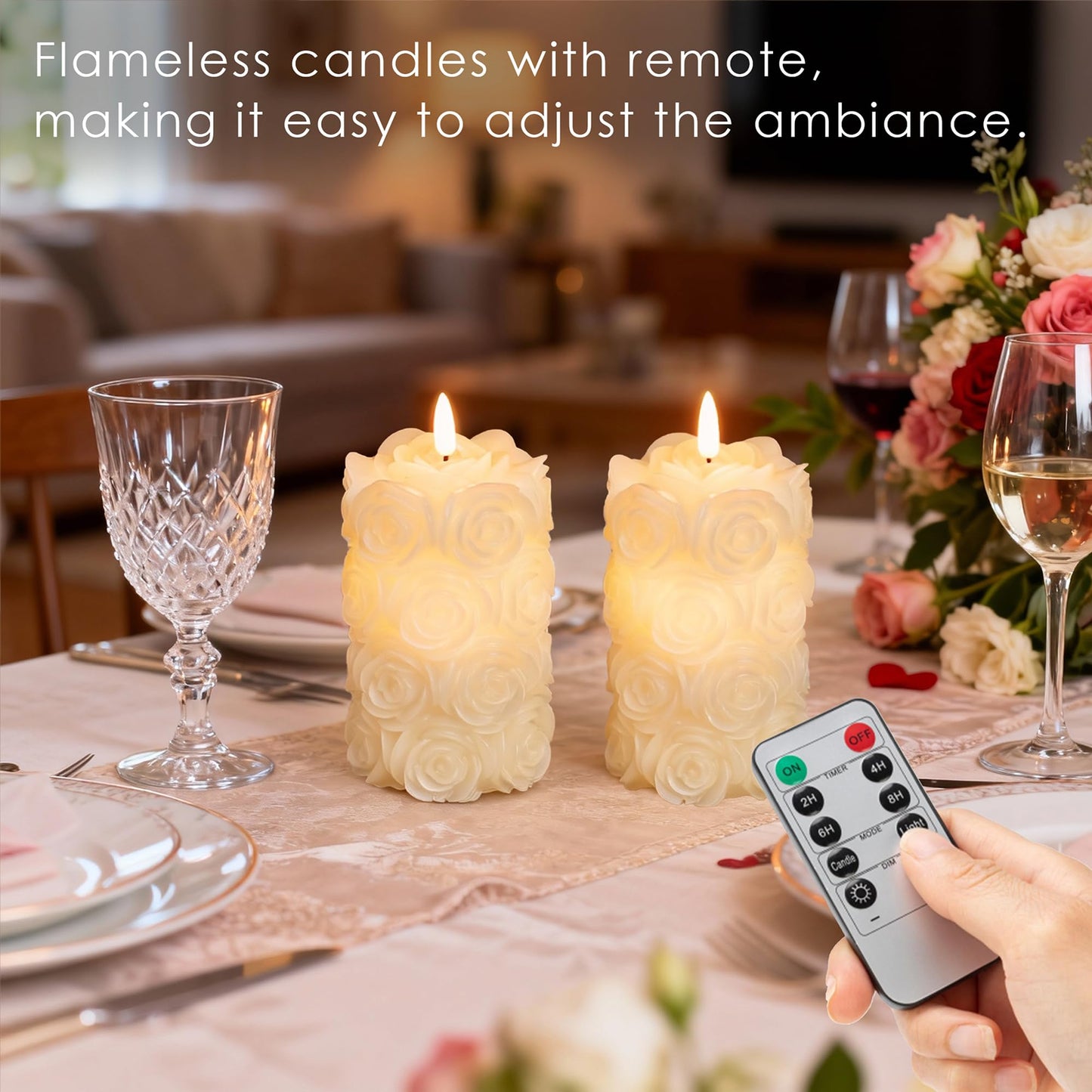 LUSHARBOR Rose Flameless Candles with Remote, Battery Operated Candles Rose Flower for Valentine's Day LED Pillar Candles Battery Powered for Mother’s Day & Weddings, Set of 2 Ivory