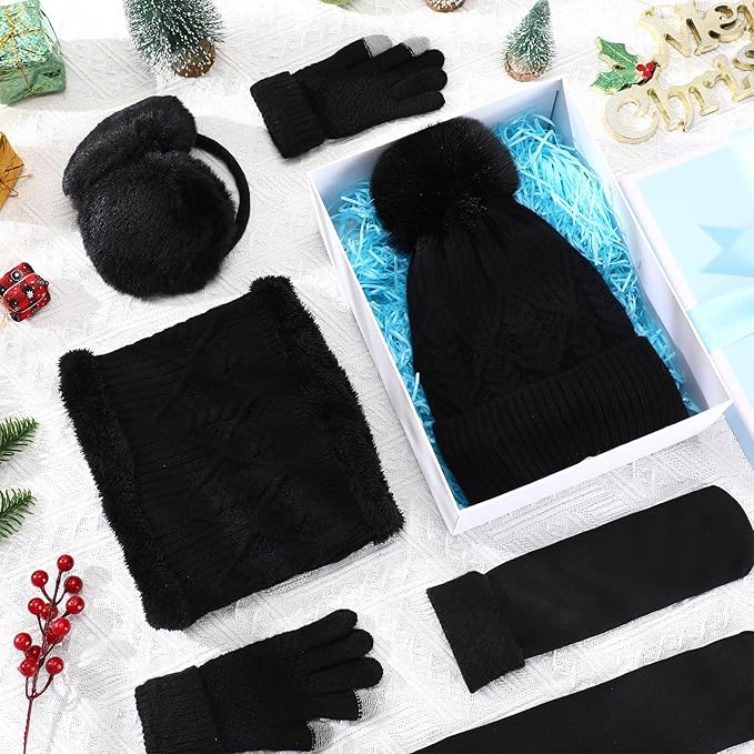 SATINIOR 5 Pcs Winter Hat Scarf Gloves Set Fleece Lined Knit Beanie Hat Warm Touch Screen Gloves Earmuff Warmer for Women(Black,Chic Style)