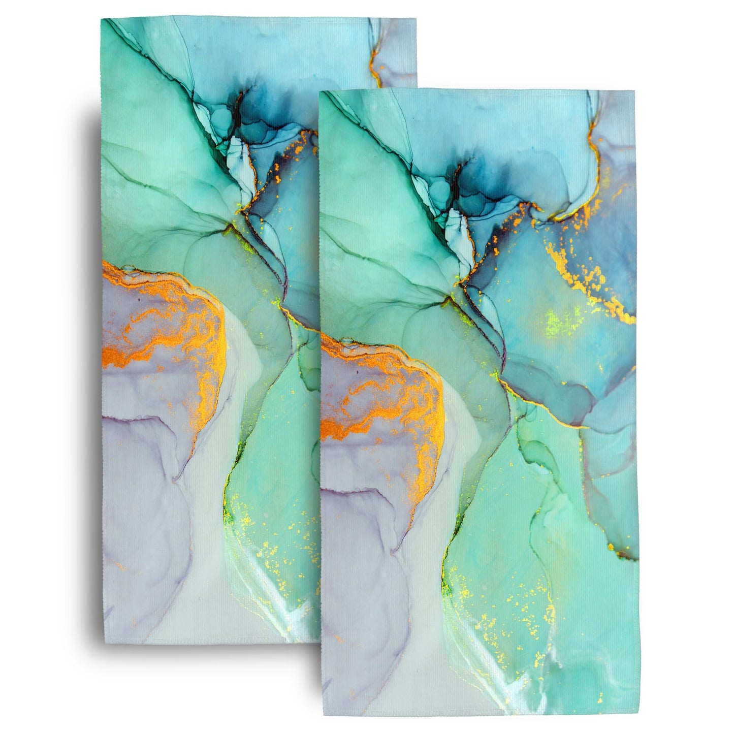 Teal Gold Marble Bath Hand Towels Set of 2 Soft Absorbent Turquoise Modern Decorative Hand Towels for Bathroom Kitchen Beach Spa Gym Yoga Swim Home Decor 14"x28"