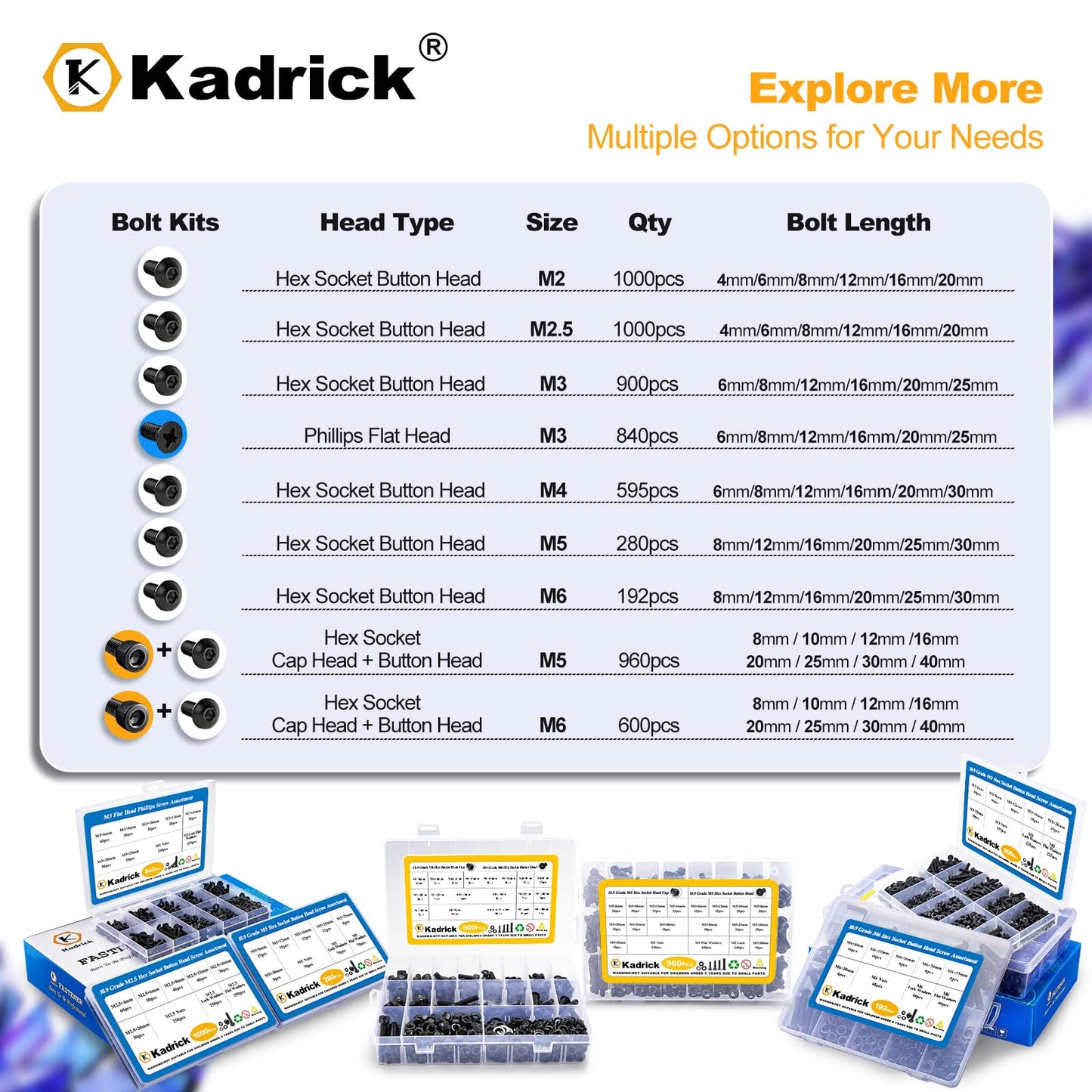 KADRICK 840Pcs M3 Countersunk Screws,M3 Flat Head Screws,Phillips Bolts Nuts Washers Assortment Kit,Zinc Plated,Lenth of 6MM-25MM