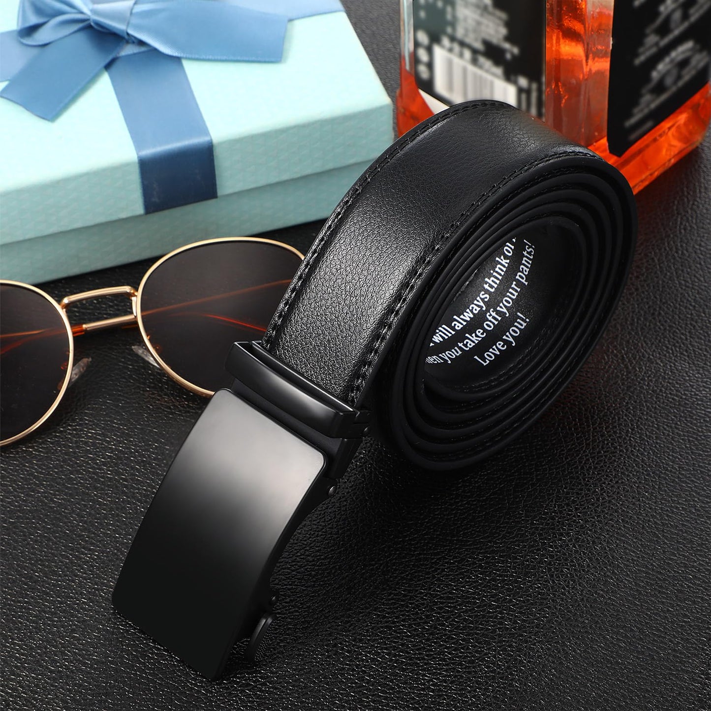 Bunnycool Engraved Mens Ratchet Belt Leather Slide Personalized Belt for Men with Buckle for Husband Birthday Wedding Gift(32-38inch,Regular Style,Black)