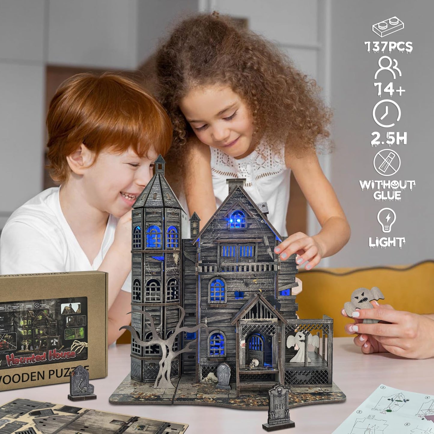 DIY Miniature House Kits for Adults - Haunted House 3D Wooden Puzzle for Teens, Decorative Bookends for Office, Home, Desk, Mini Tiny Dollhouse Kit Ideal for Halloween, Christmas, Friends, Kids, Boys