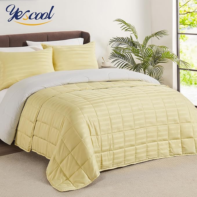 yescool Weighted Blanket for Adults (25 lbs, 88” x 104”, Mustard Yellow Stripes) Heavy Blanket for Sleeping Perfect for 240-260 lbs, King Size Breathable Blanket with Premium Glass Bead